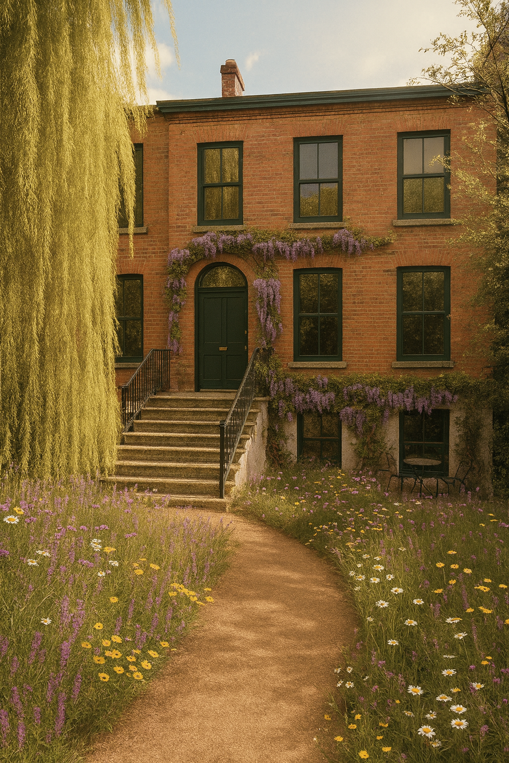 A brick house with black-framed windows and a black front door, surrounded by purple and yellow flowers, with a pathway leading up to the stairs and a bench outside.