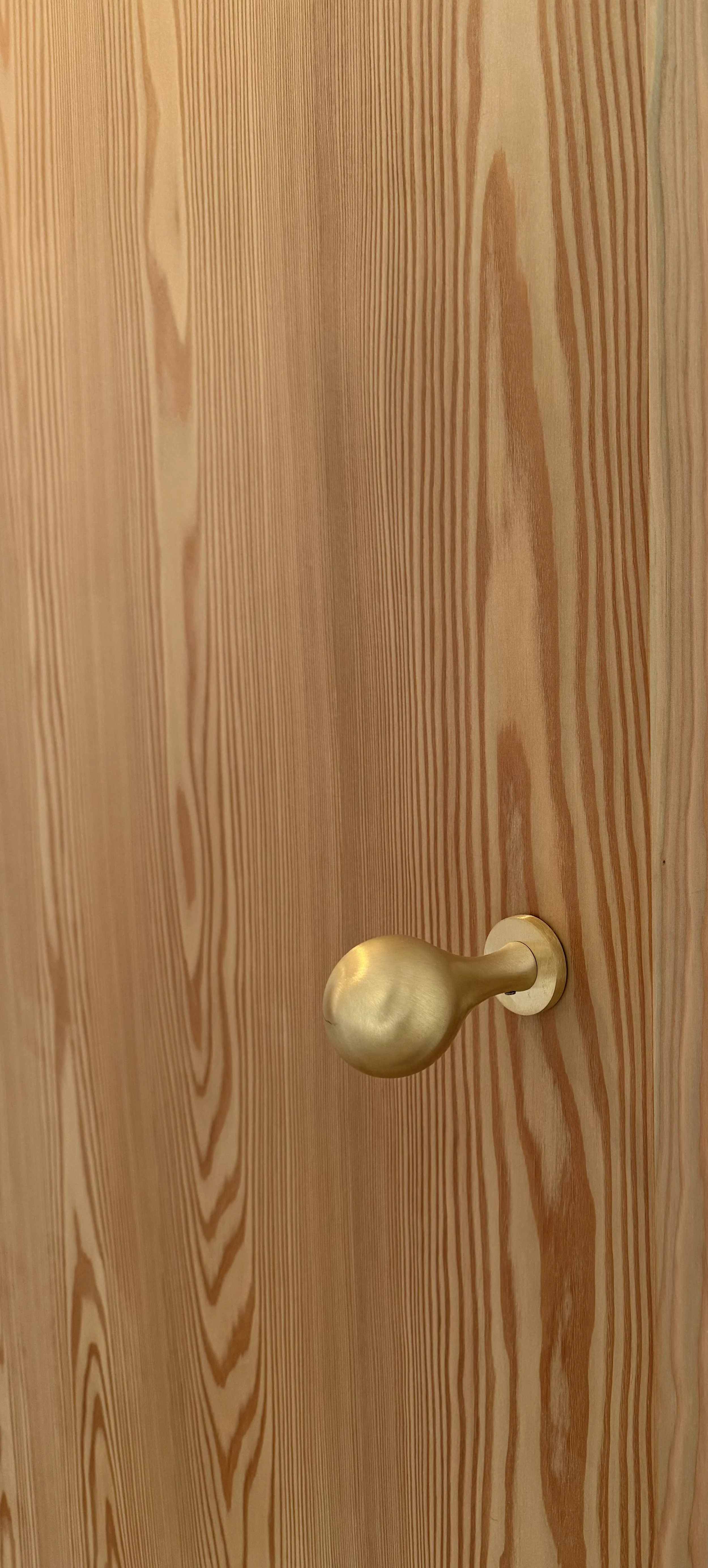Close-up of a wooden door with a gold-colored door knob.