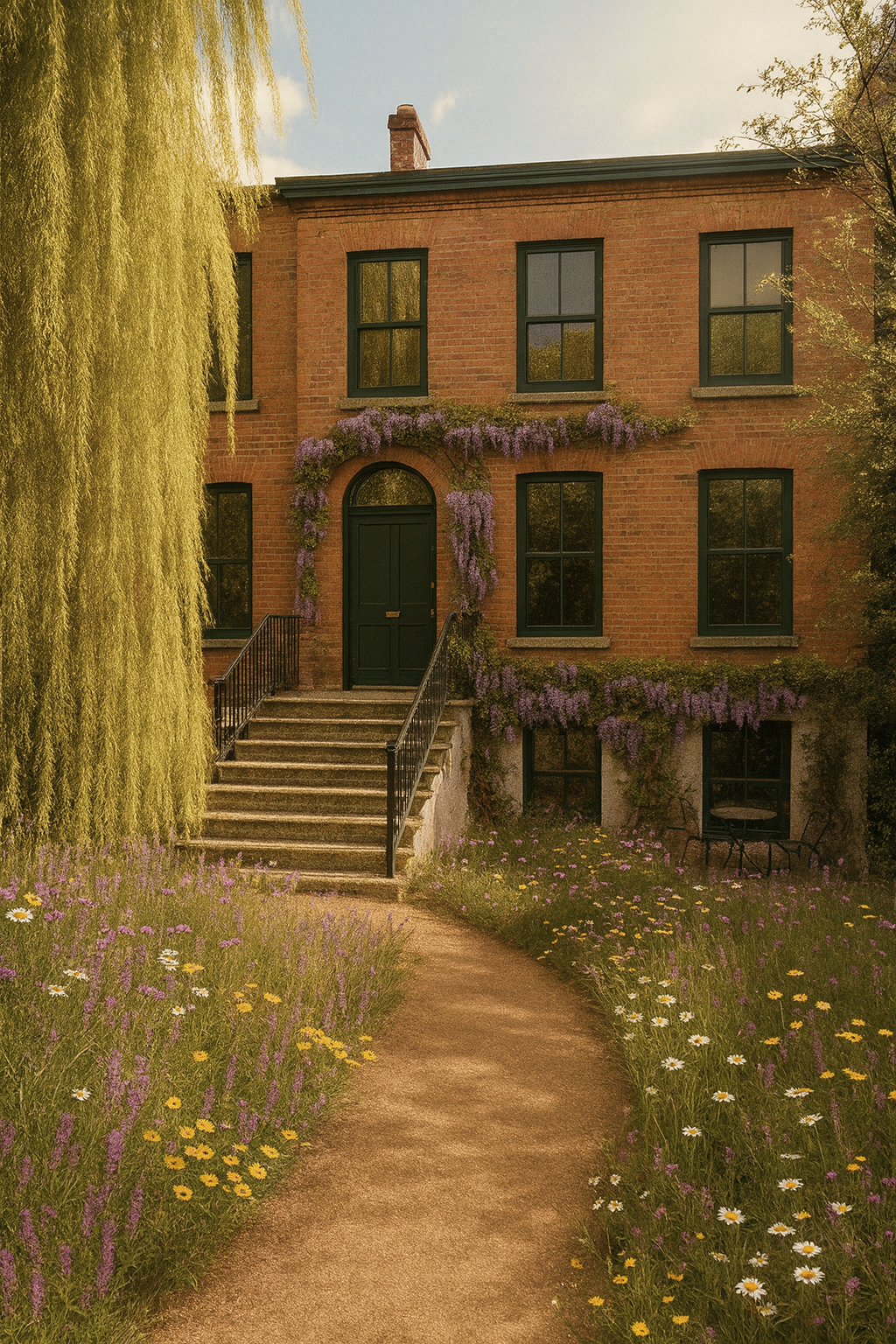 A brick house with black-framed windows and a dark green door, surrounded by flowering purple vines, with a pathway leading up to it and yellow, white, and purple flowers in a garden.