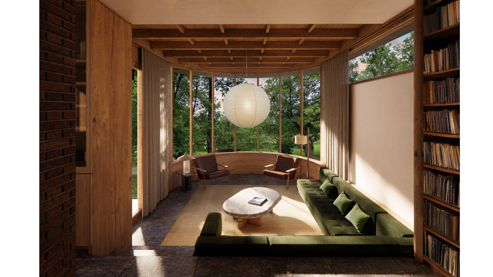 Living room with large curved window, green sectional sofa, two armchairs, oval coffee table, bookshelf, and a large paper lantern pendant light, with a view of trees outside.