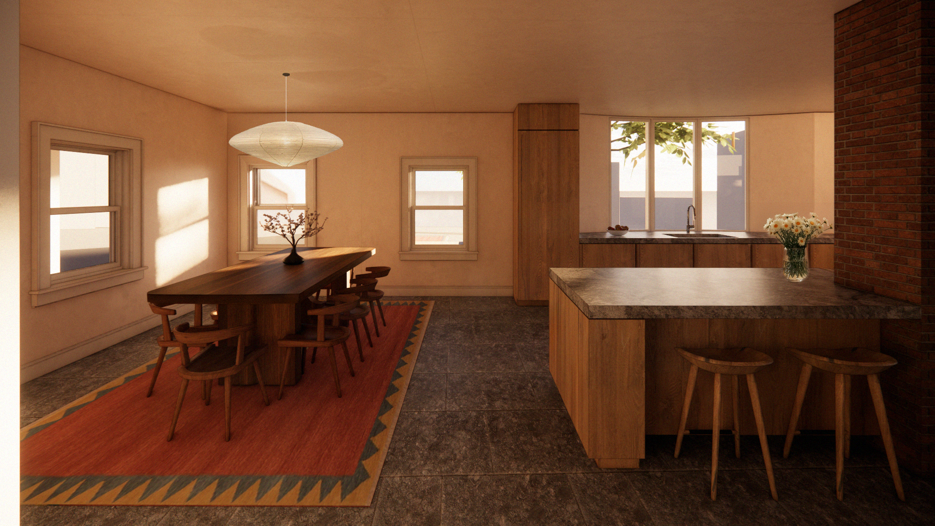 A dining area with a wooden table and six chairs, a pendant light, three windows on the left wall, an orange rug underneath the table, and a kitchen with wooden cabinets, a sink, and a flower vase near the window.