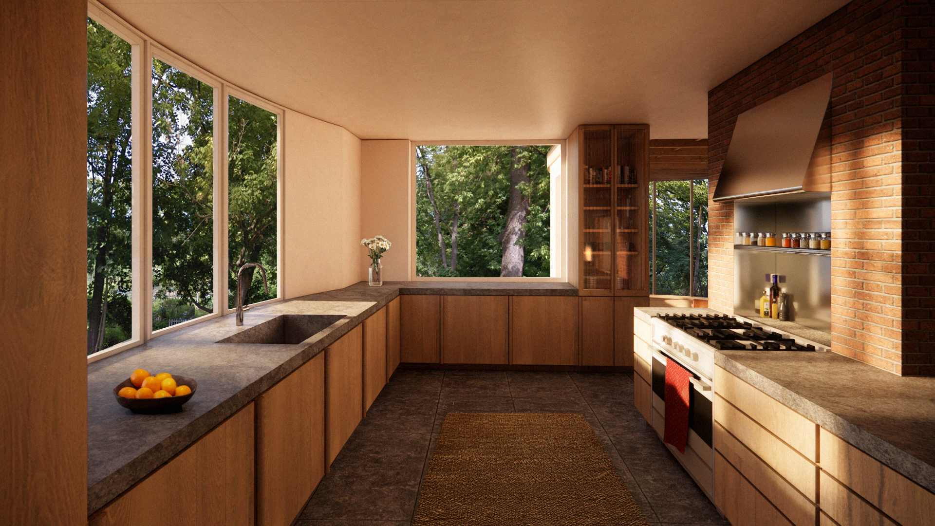 Modern kitchen with large windows showing green trees outside, wooden cabinets, a countertop with a bowl of oranges, a sink, a stove, and a vase with flowers.