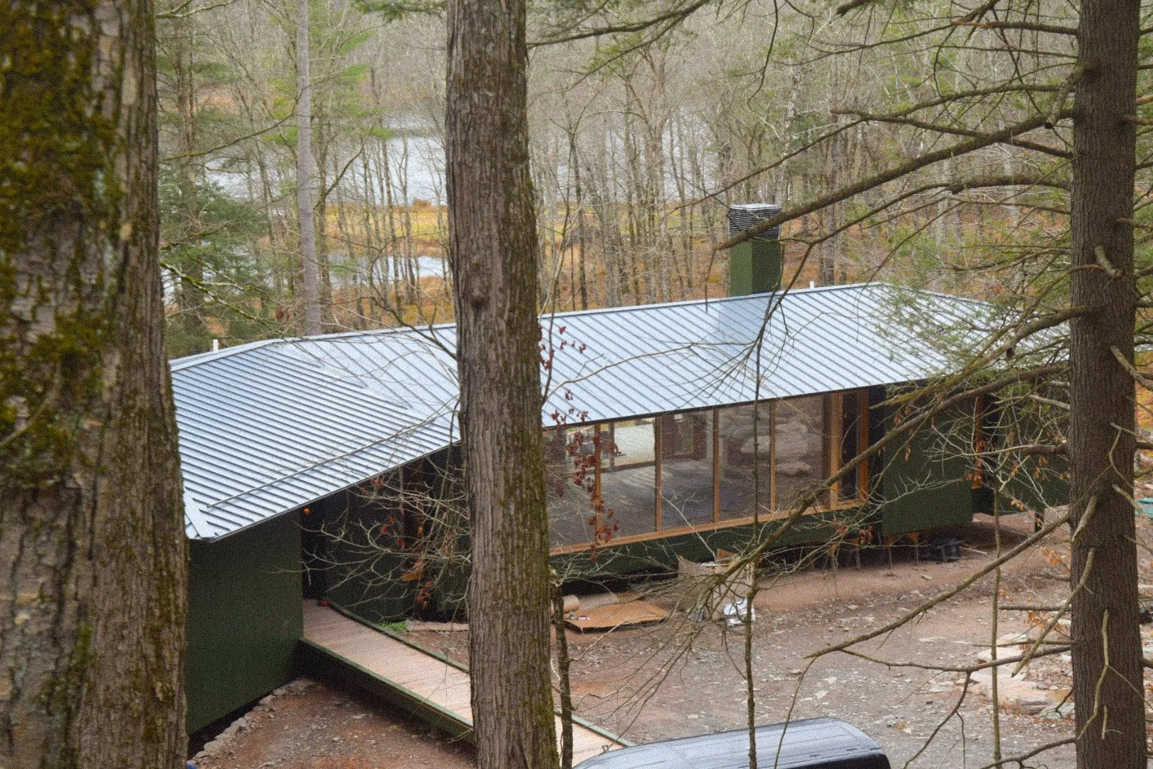 A house with a metal roof, surrounded by trees, in a wooded area.