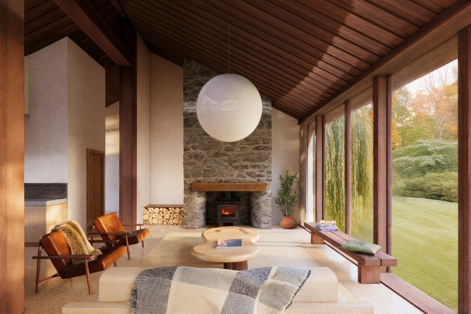 Living room with wood ceiling, stone fireplace, large windows with view of trees, a round hanging light, and modern furniture including a sofa, two chairs, a wooden coffee table, and wooden bench with pillows.