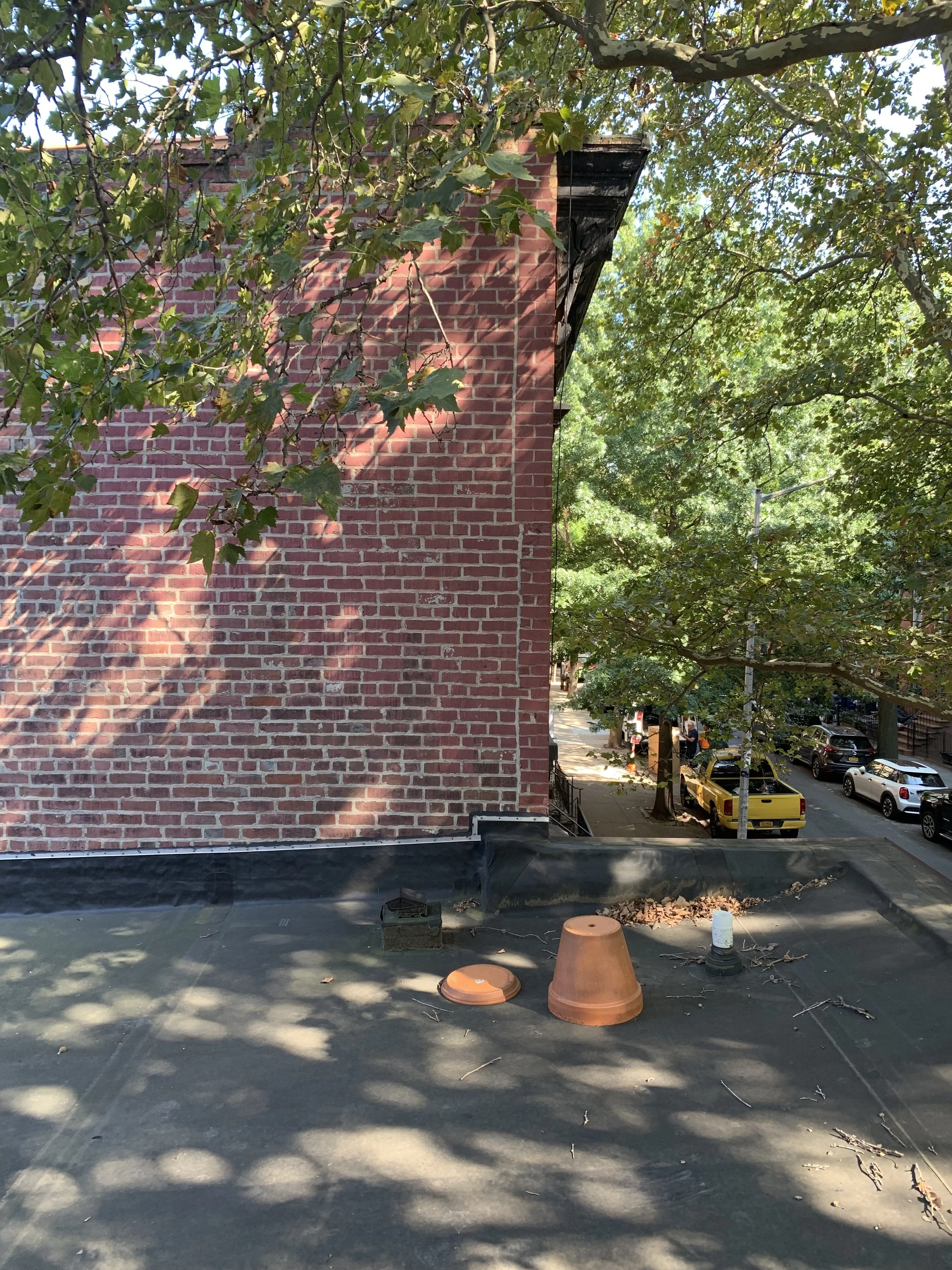 View of a brick building with green leafy trees overhead. On the rooftop, there are several orange and white maintenance cones and patches of fallen leaves. In the background, there is a busy city street with parked cars and pedestrians.