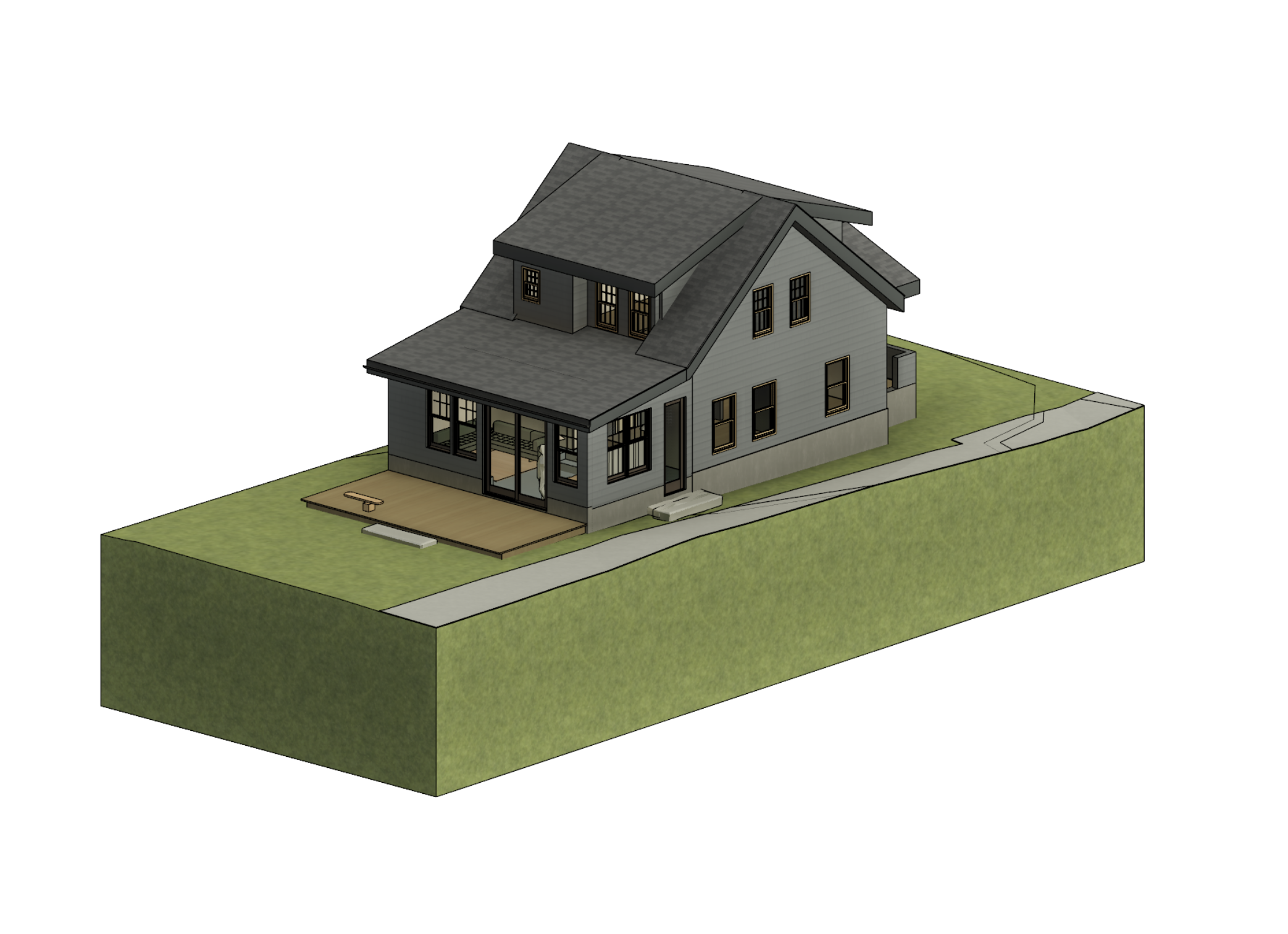 3D rendering of a two-story gray house with a porch, located on a grassy lot with a sidewalk, with multiple windows and a sloped roof.