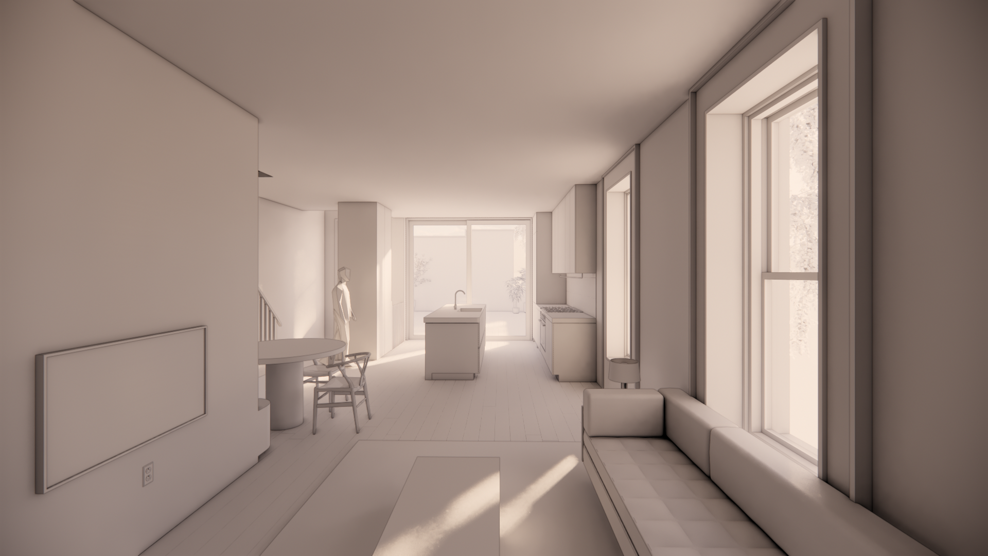 Minimalist living room and kitchen with large windows, light-colored walls and furniture, including a sofa, dining table, chairs, and a kitchen island.