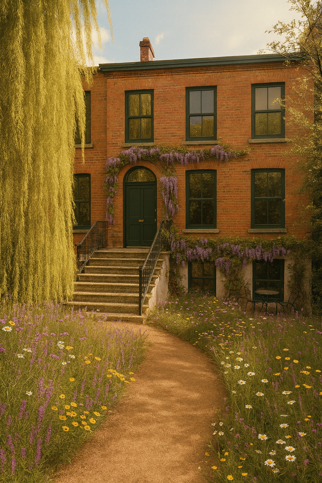 A brick house with five windows and a black door, surrounded by purple wisteria vines and a garden with yellow and white flowers, with a dirt path leading to the entrance. Dublin. Kenilworth Square. Ireland. Victorian Townhouse
