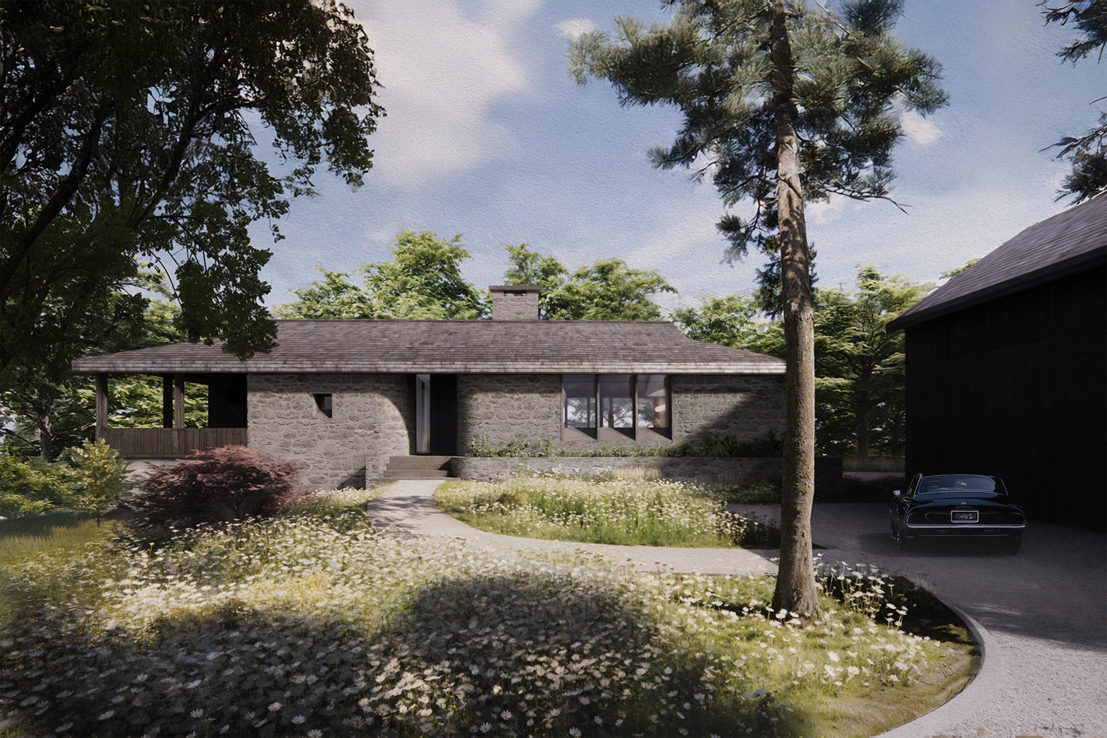 A stone house with a sloped roof, surrounded by a garden with trees and white flowers, and a driveway leading to a classic car.