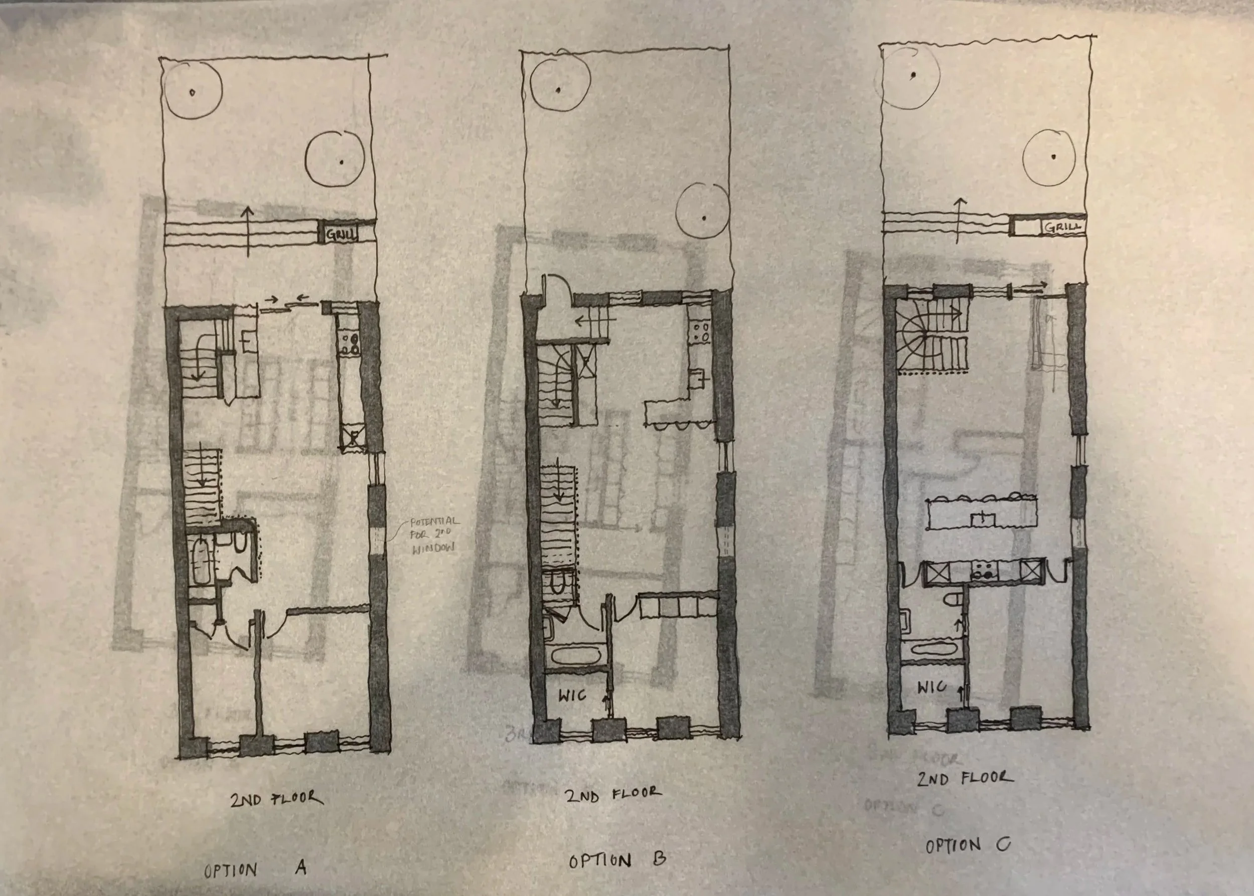Hand-drawn architectural floor plans showing three options (A, B, C) for the second floor of a building, with staircases, rooms, and annotations including a potential window and walk-in closet.