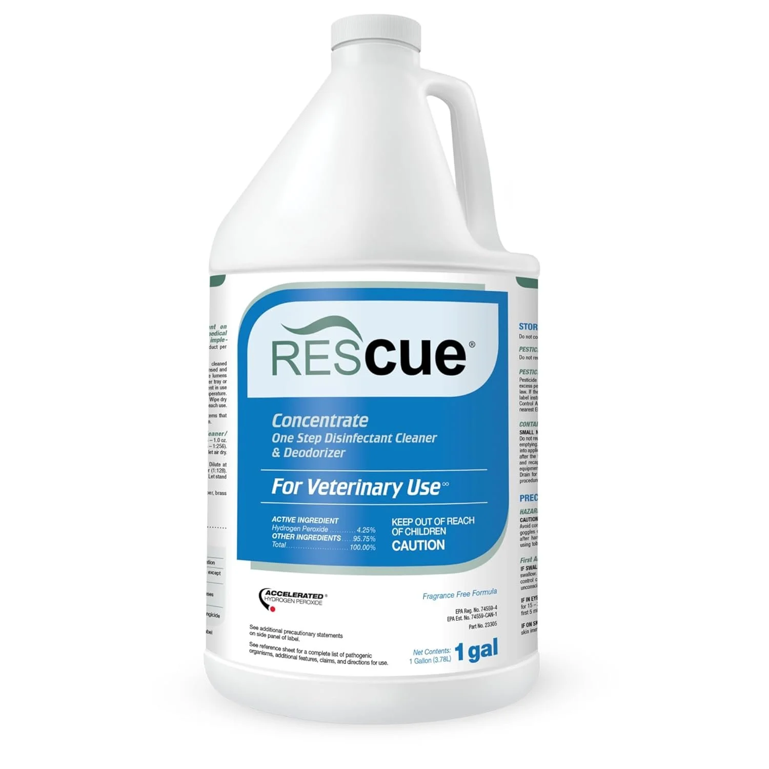 A white gallon bottle of ResCue veterinary disinfectant cleaner and deodorizer.