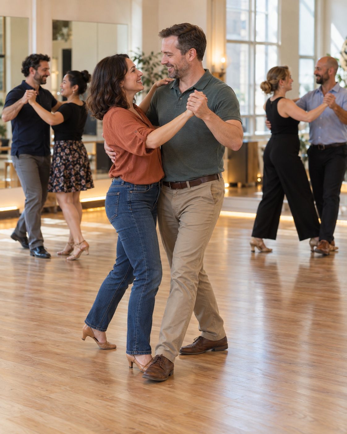 Adults in their thirties and forties smiling and learning social ballroom dancing together, taking a break from screens.