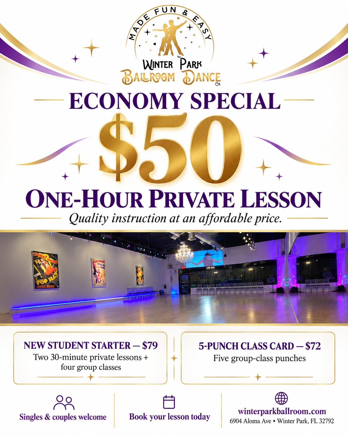 Winter Park Ballroom economy special: $50 one-hour private lesson, $79 new student starter, and $72 five-punch class card.
