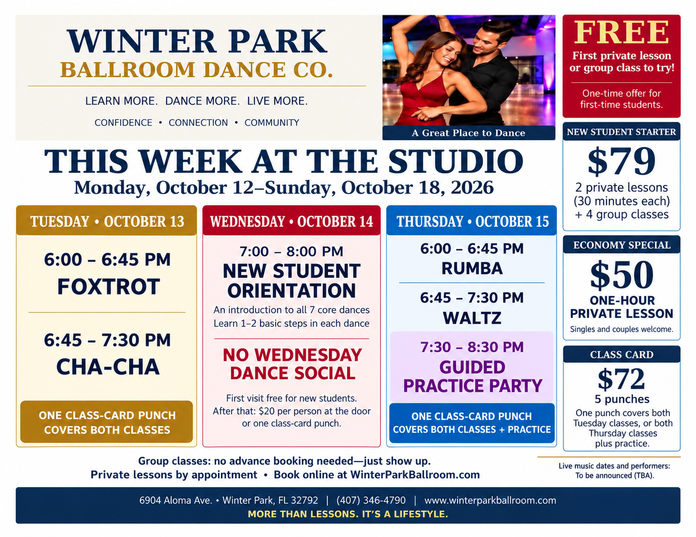 Winter Park Ballroom studio calendar, October 12–18, 2026: Tuesday Foxtrot and Cha-Cha, Wednesday orientation 7–8 PM, Thursday Rumba, Waltz and guided practice. $50 private lesson, $79 starter package, $72 five-punch class card.
