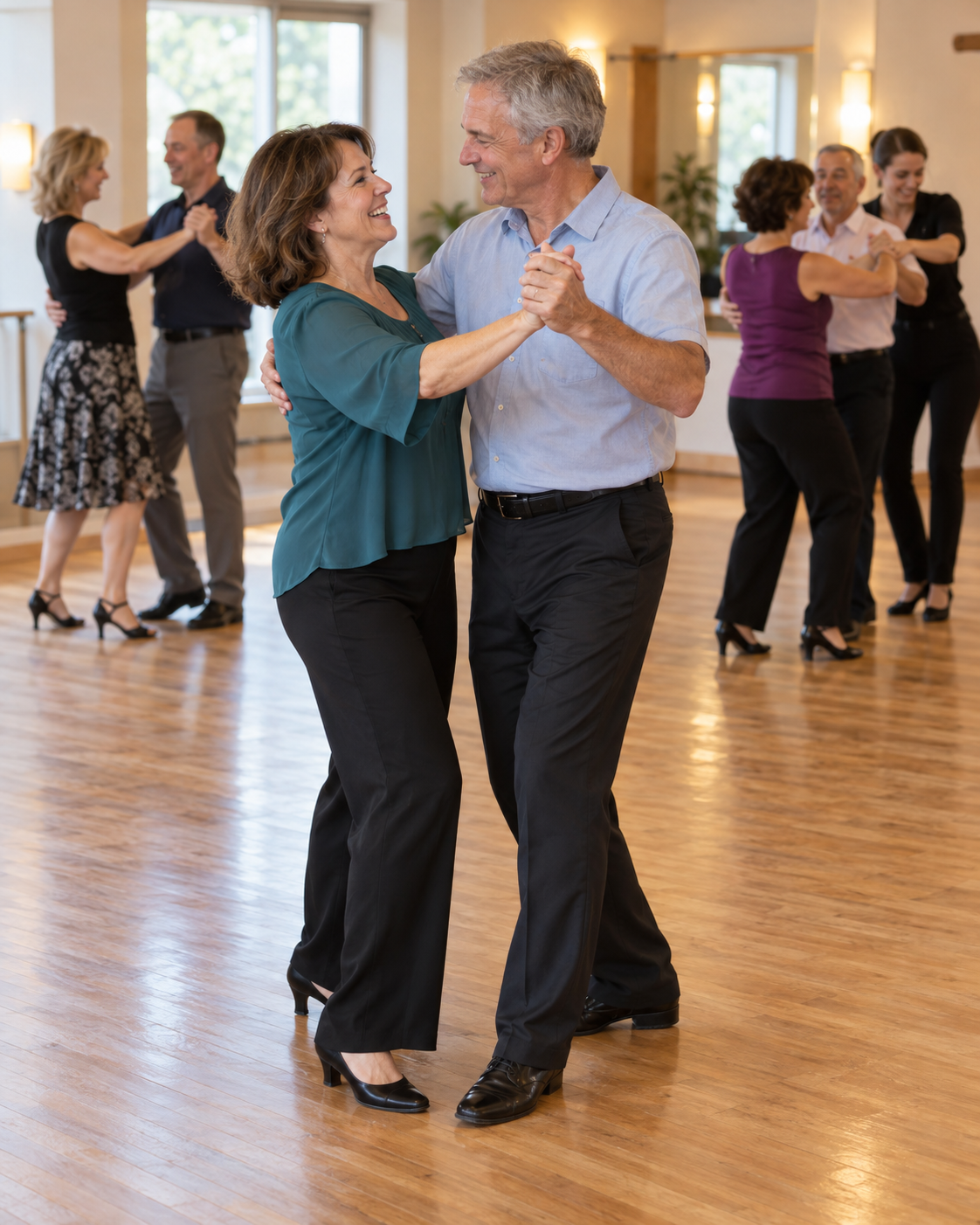Middle-aged couples smiling and practicing social ballroom dancing in a relaxed class setting.