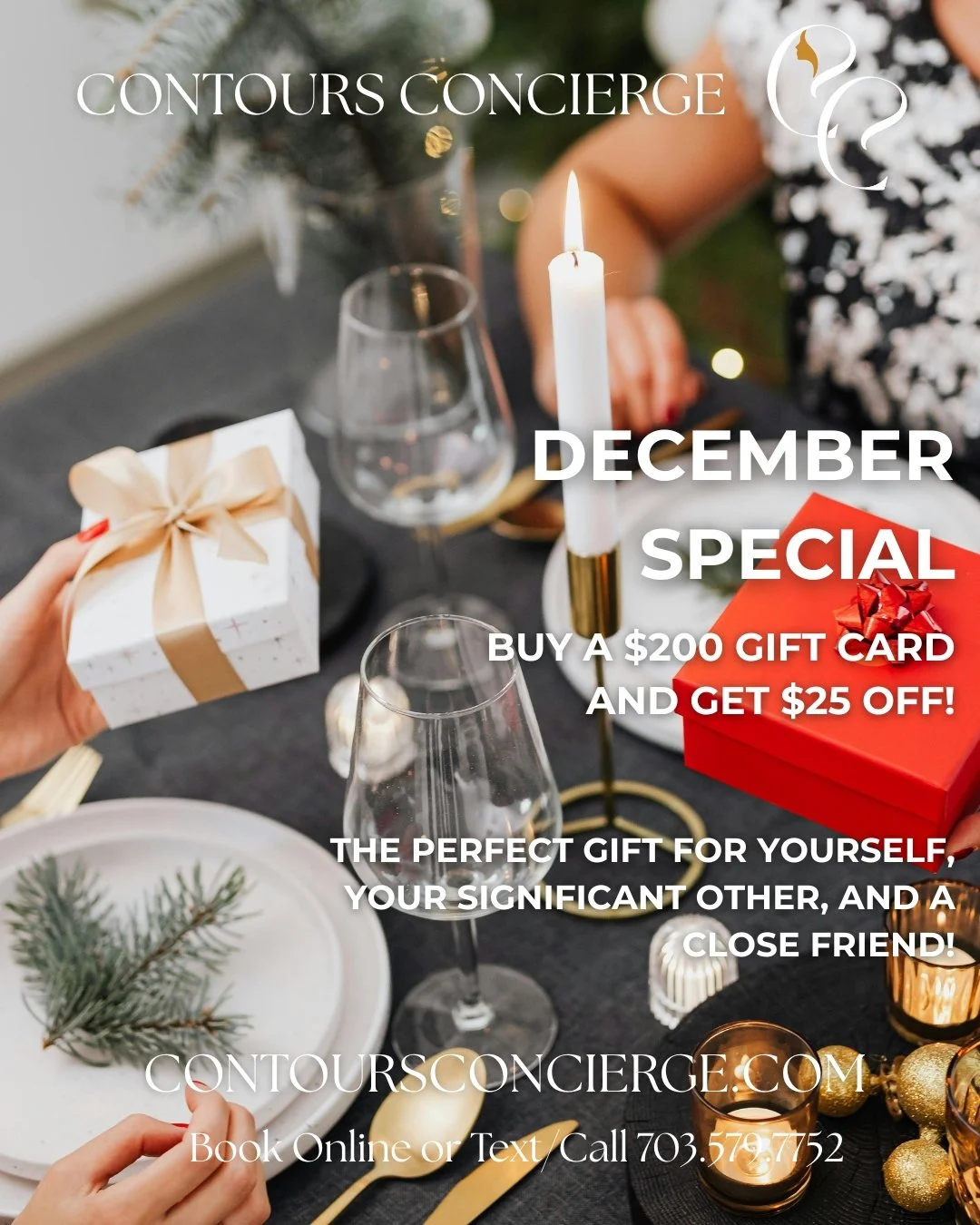 We have two December specials! We're continuing by popular demand the gift card - Buy a $200 Gift Card and Get $25 Off! The second one - Bring a Friend and Get $50 Off Total Services! Our mindset is Gift Giving to you so you may Give to Others. Visit