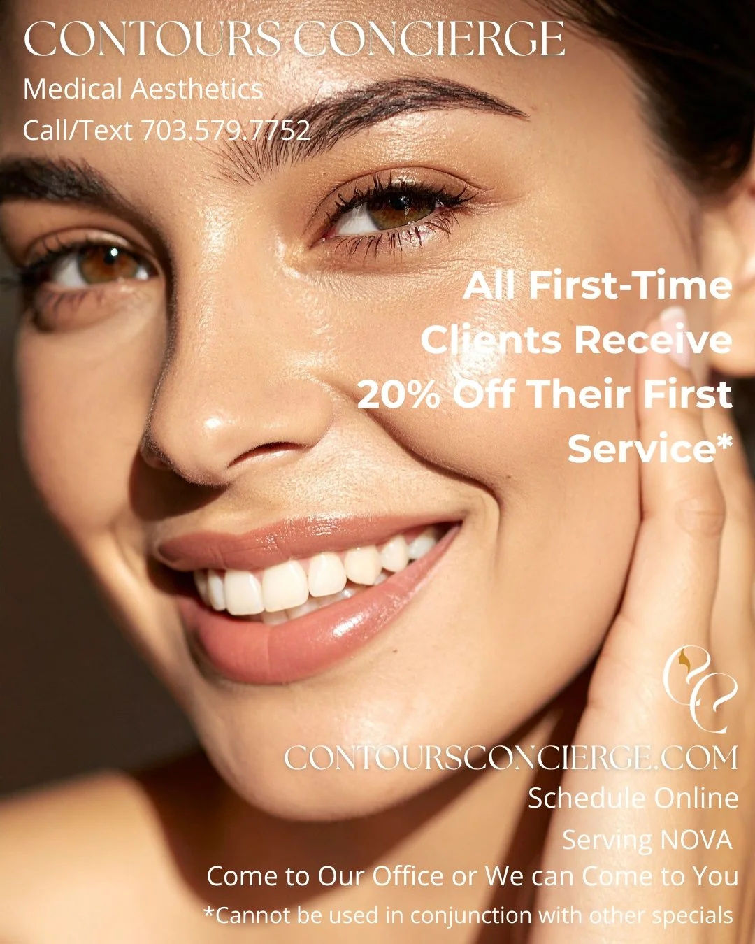 Did you know? All first-time clients at Contours Concierge receive 20% their first service with us.

Schedule a consultation to see how we can help rejuvenate and enhance your natural beauty. Call/text 703-579-7752 or visit contoursconcierge.com.

As