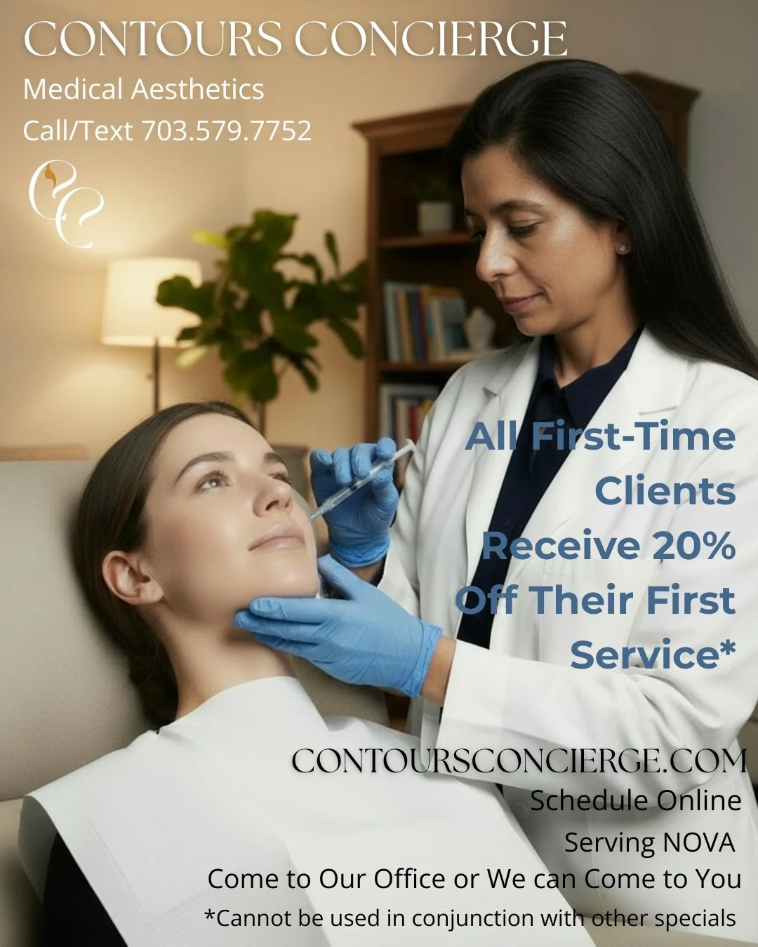 Did you know? All first-time clients at Contours Concierge receive 20% their first service with us.

Schedule a consultation to see how we can help rejuvenate and enhance your natural beauty. Call/text 703-579-7752 or visit contoursconcierge.com.

As