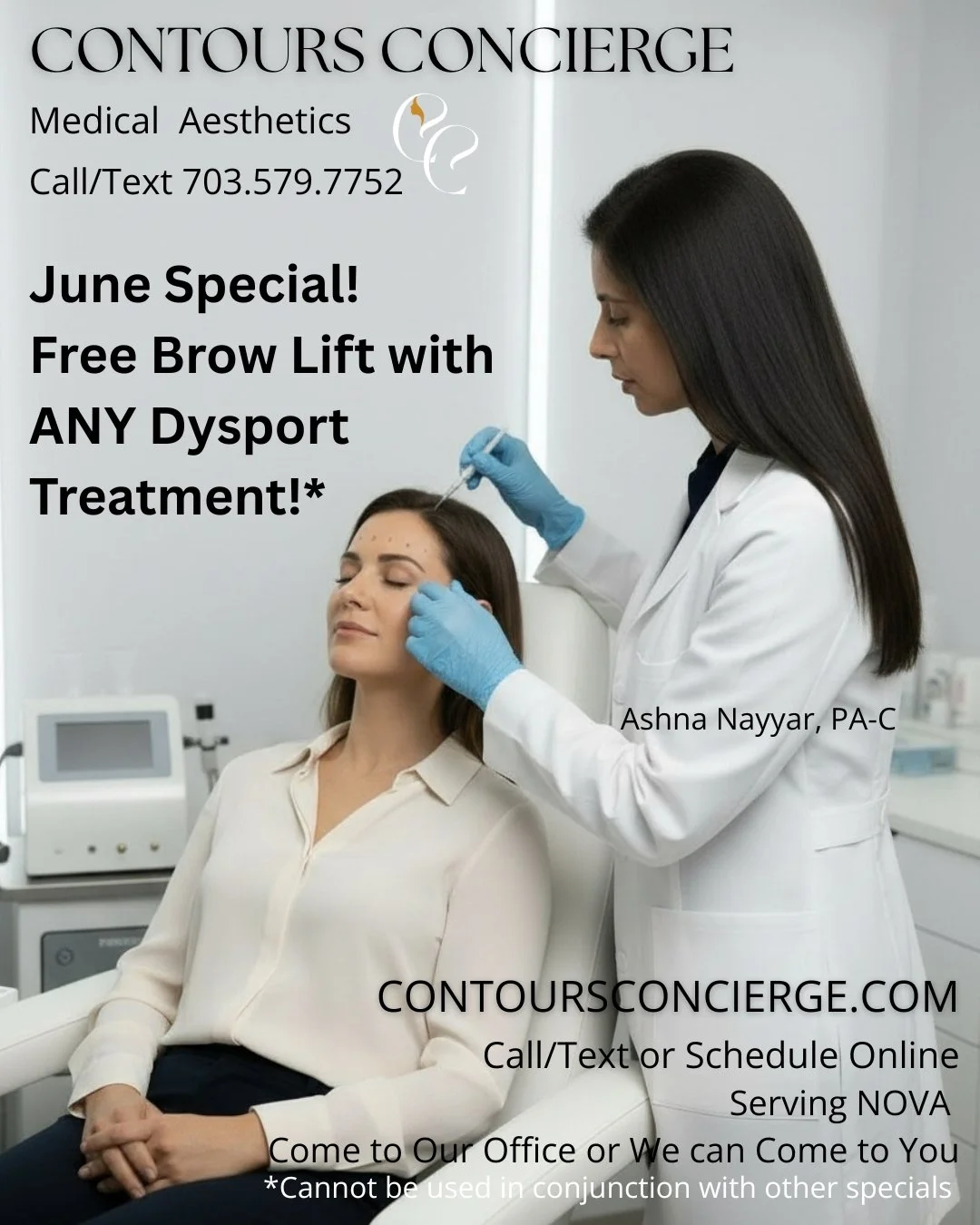 June Promotions are Here!

We'll be continuing our May promotions AND offer a FREE brow lift with ANY Dysport treatment.

If this is something you&rsquo;d like to do or discuss, schedule a consultation by visiting contoursconcierge.com or call/text 7