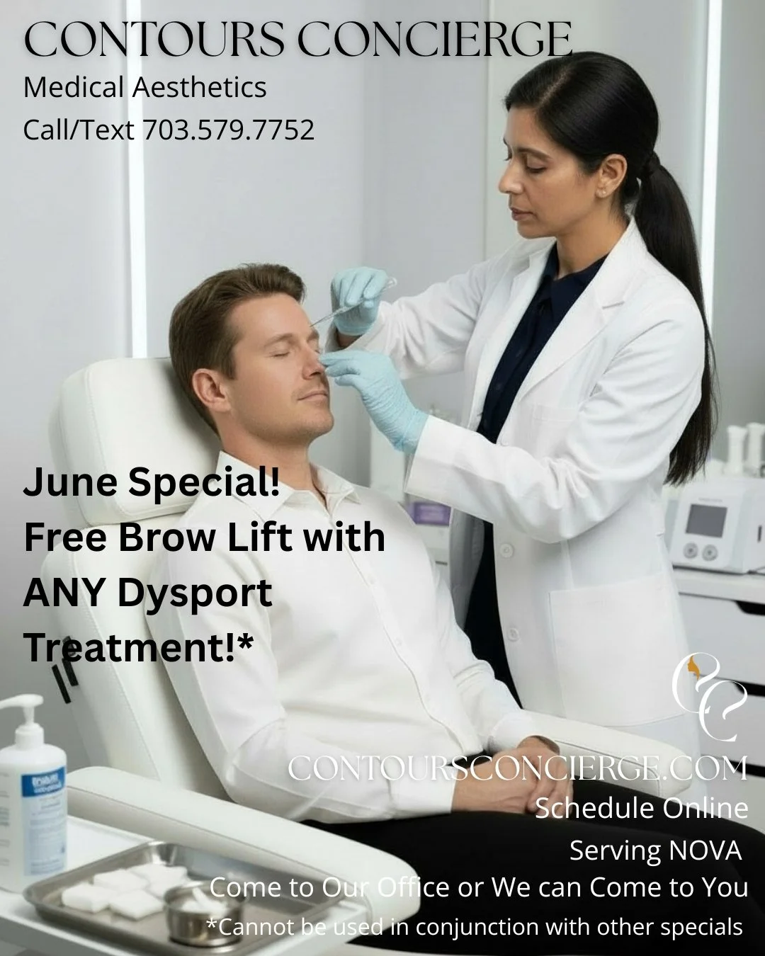 June Promotions are in full swing!

We'll be continuing our May promotions AND offer a FREE brow lift with ANY Dysport treatment.

If this is something you&rsquo;d like to do or discuss, schedule a consultation by visiting contoursconcierge.com or ca
