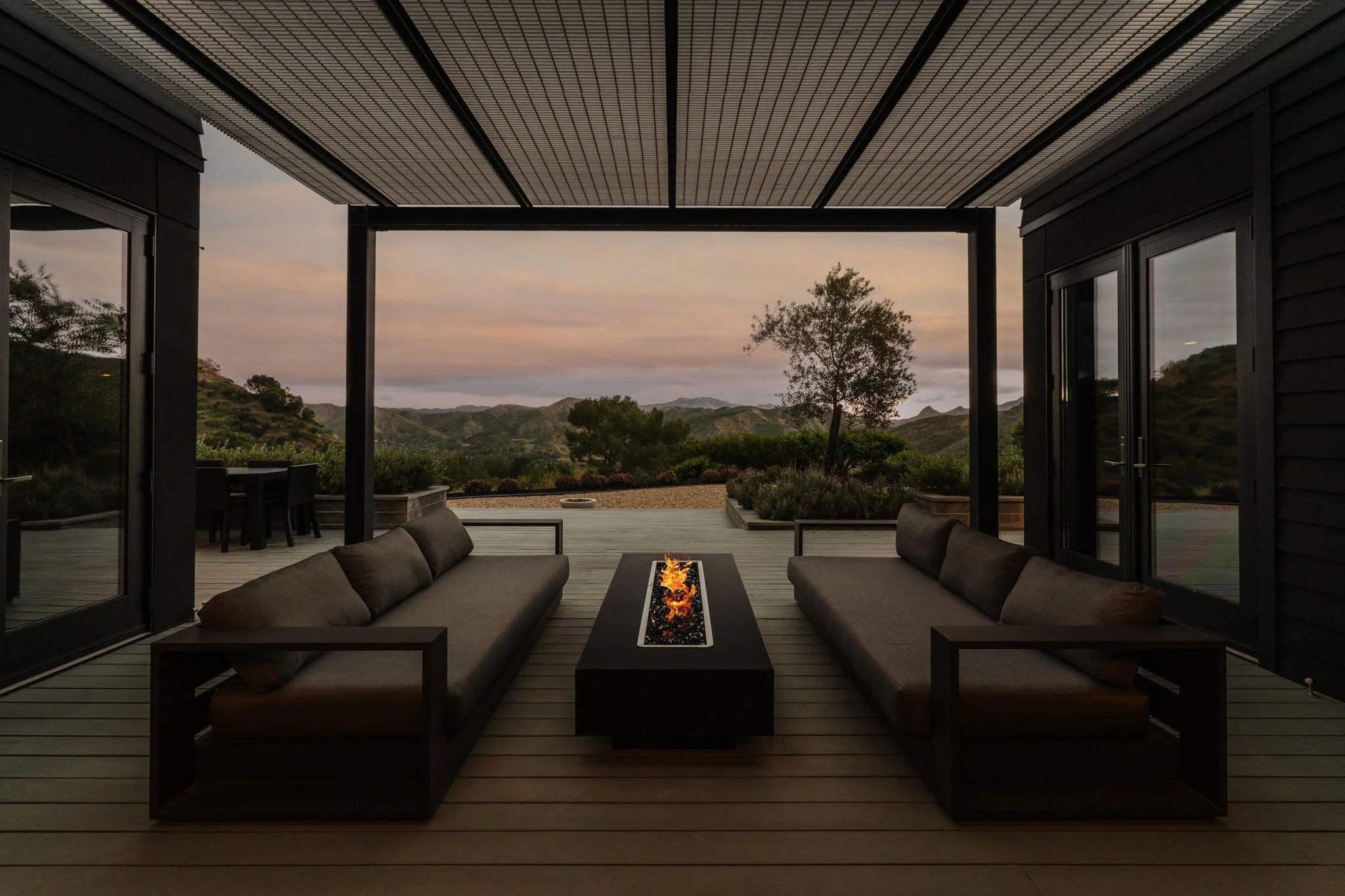 3649 Kanan Road Agoura Hills luxury home exterior Michelle Kaufmann Breezehouse fire pit mountain views