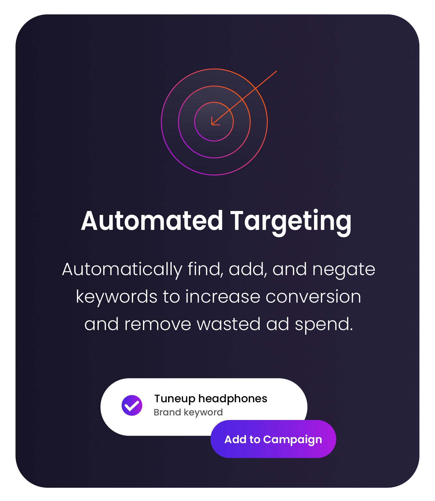 Automated Amazon keyword targeting feature by Astra by Sellrbox demonstrating smart keyword discovery, negative keyword optimization, and conversion-focused ad targeting.