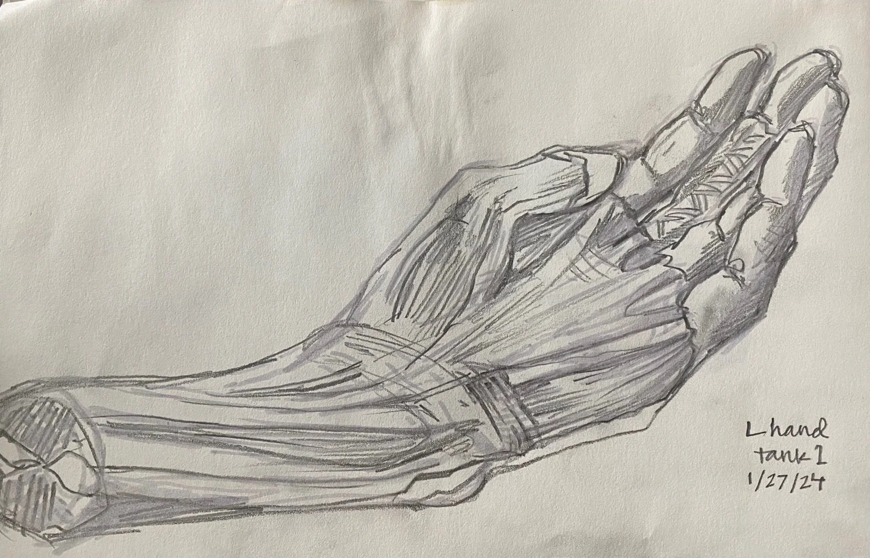 Left Hand/Tank 1, marker and graphite on paper, 2024