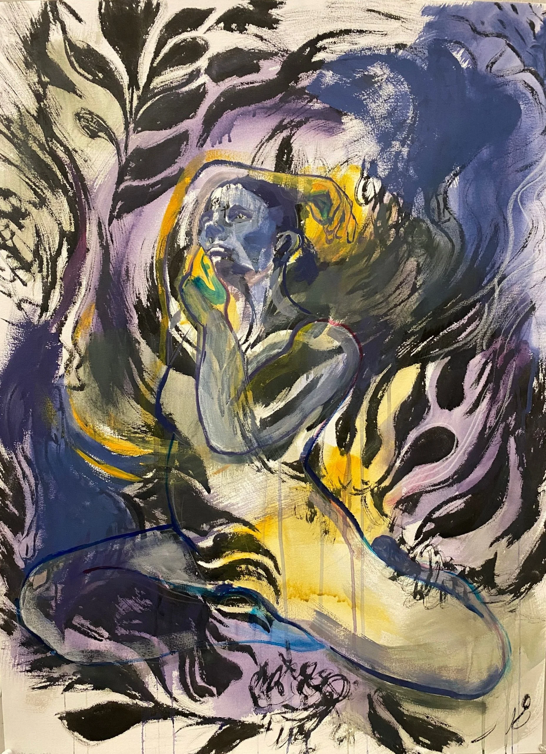 Ink and acrylic self-portrait. Background is based upon human tissues under a microscope