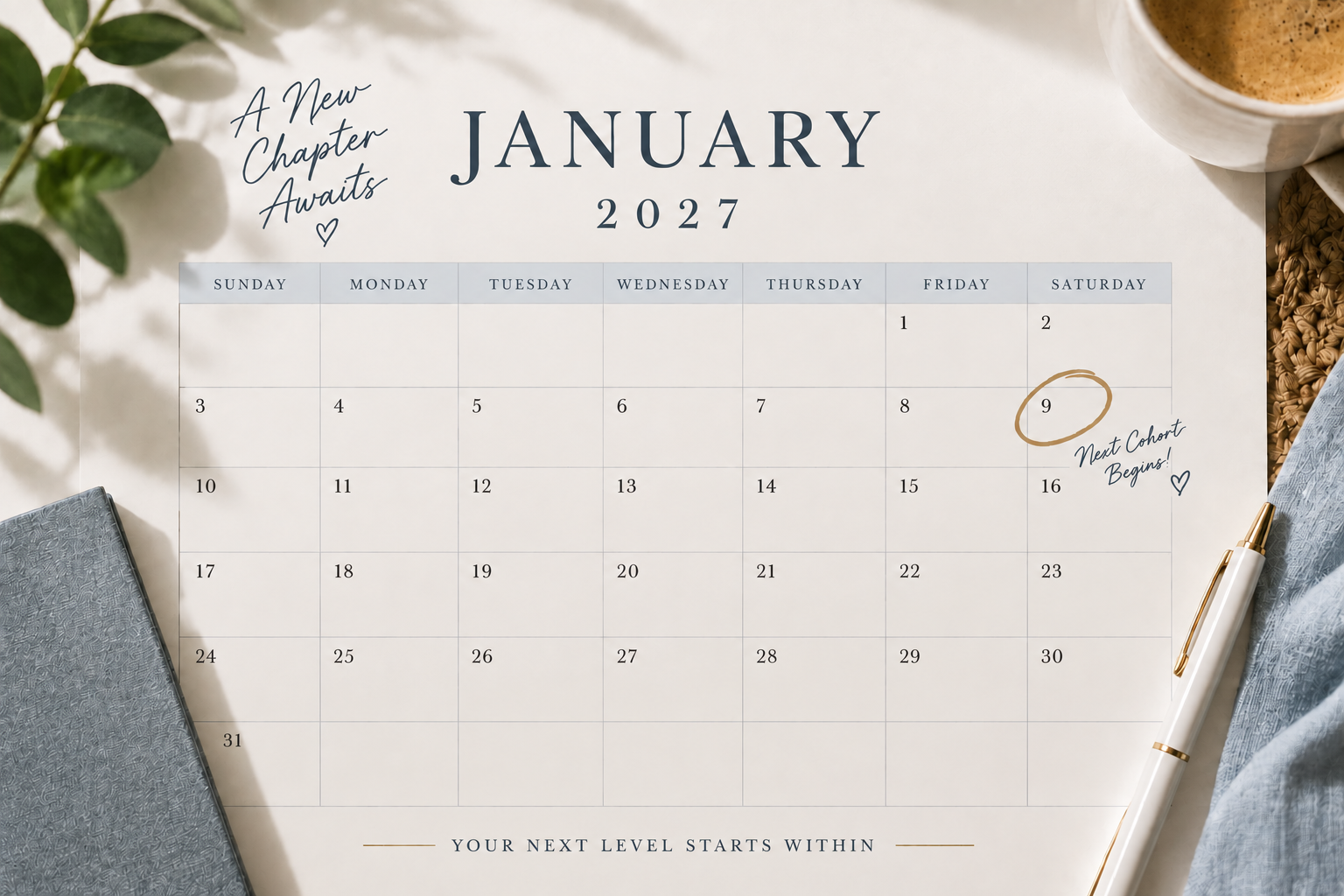 january 2027 calendar, pen, noteboook