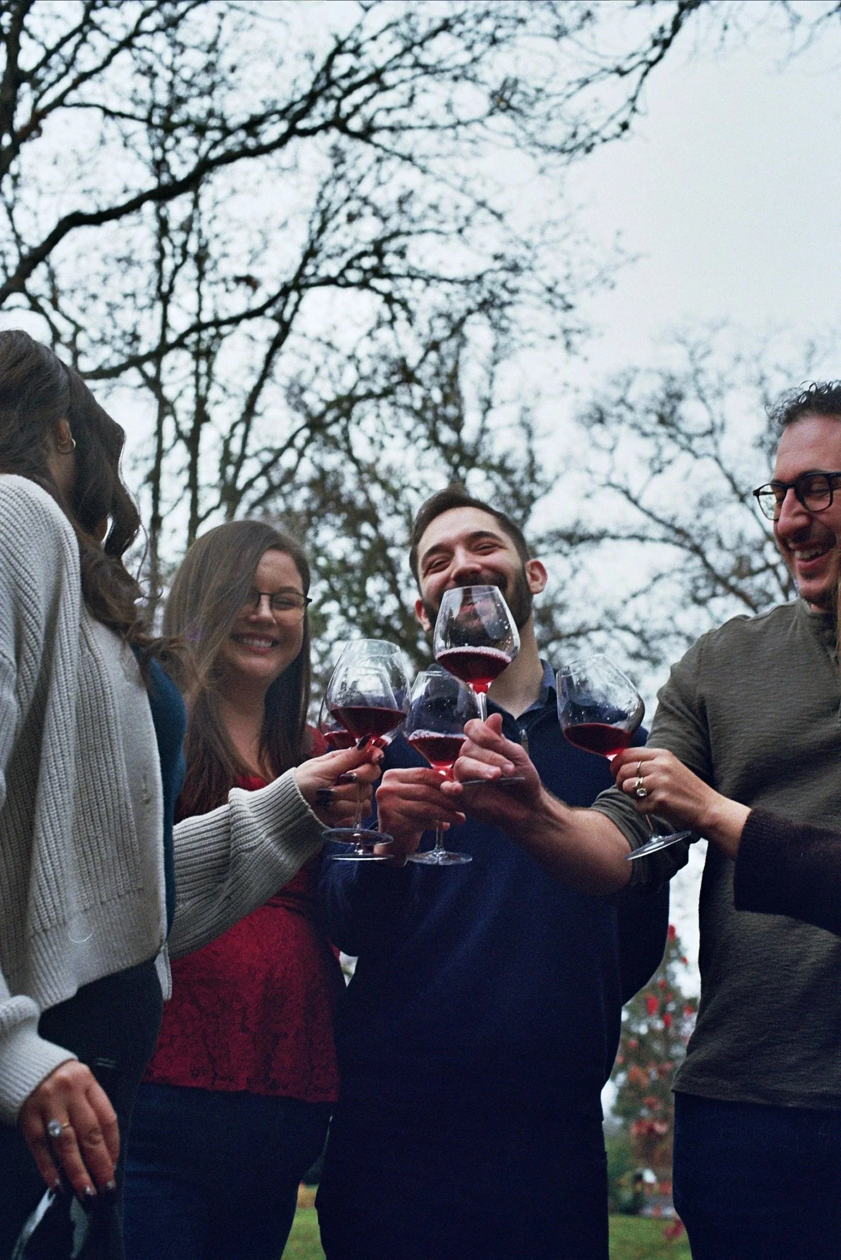 Five friends cheers glasses with red wine on a chilly day on one of our Rogue Valley wine tours.