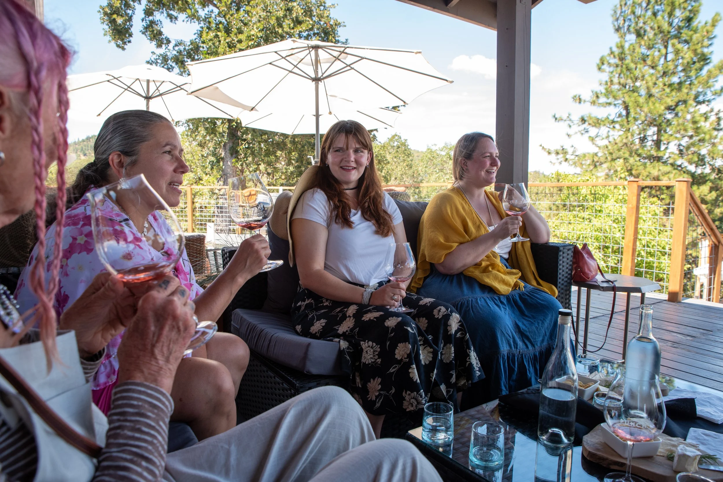 A group of friends enjoy wine on a rogue valley wine tours.