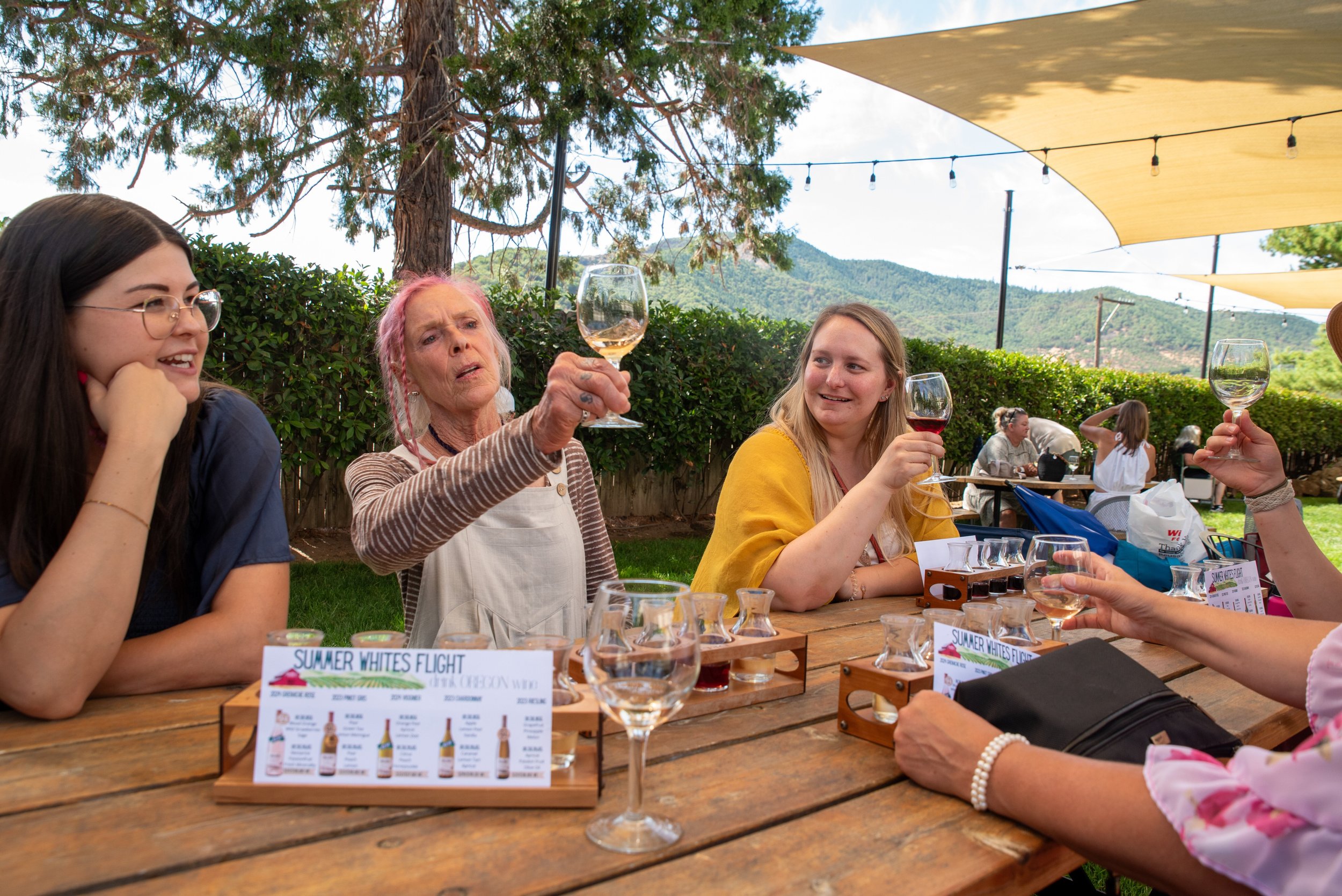 Guests and guide discuss wine on a wine tasting Southern Oregon tour