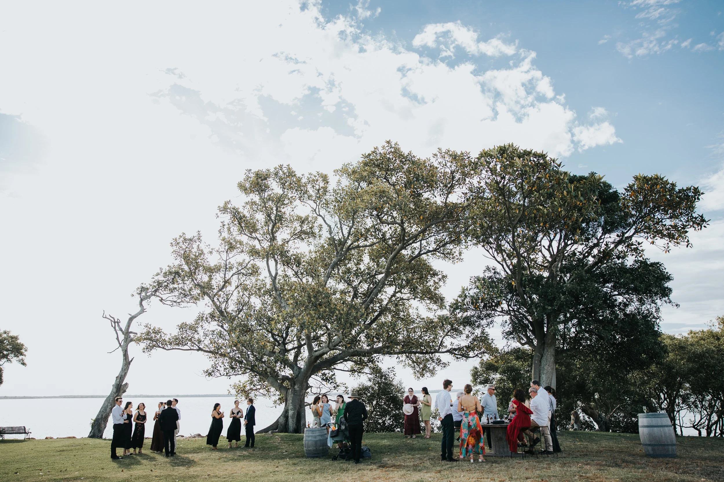 People gathered outdoors under large trees, socializing at a gathering or event near a body of water, with the sky and clouds in the background.