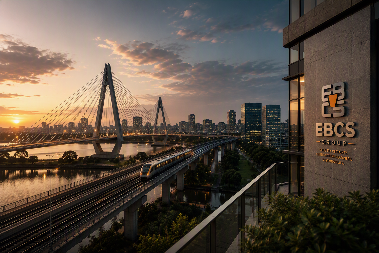 Sunset view of a city skyline with a bridge, a train on an elevated track, and a modern building with the EBSC Group logo.