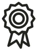 Black and white drawing of a ribbon award or medal with a circular center and two ribbon tails