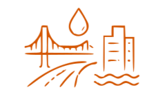 Line drawing of a bridge, a drop of water, a building, and water waves.