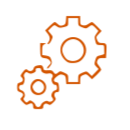 Two orange gear icons interconnected on a black background.