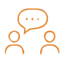 Two people having a conversation, both shown in orange outline with speech bubbles