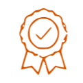 An orange badge icon with a checkmark in the center.