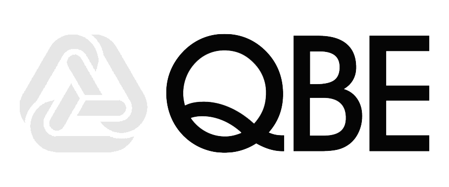A black and white logo with a triangular intertwined symbol and the text "QBE" to the right.