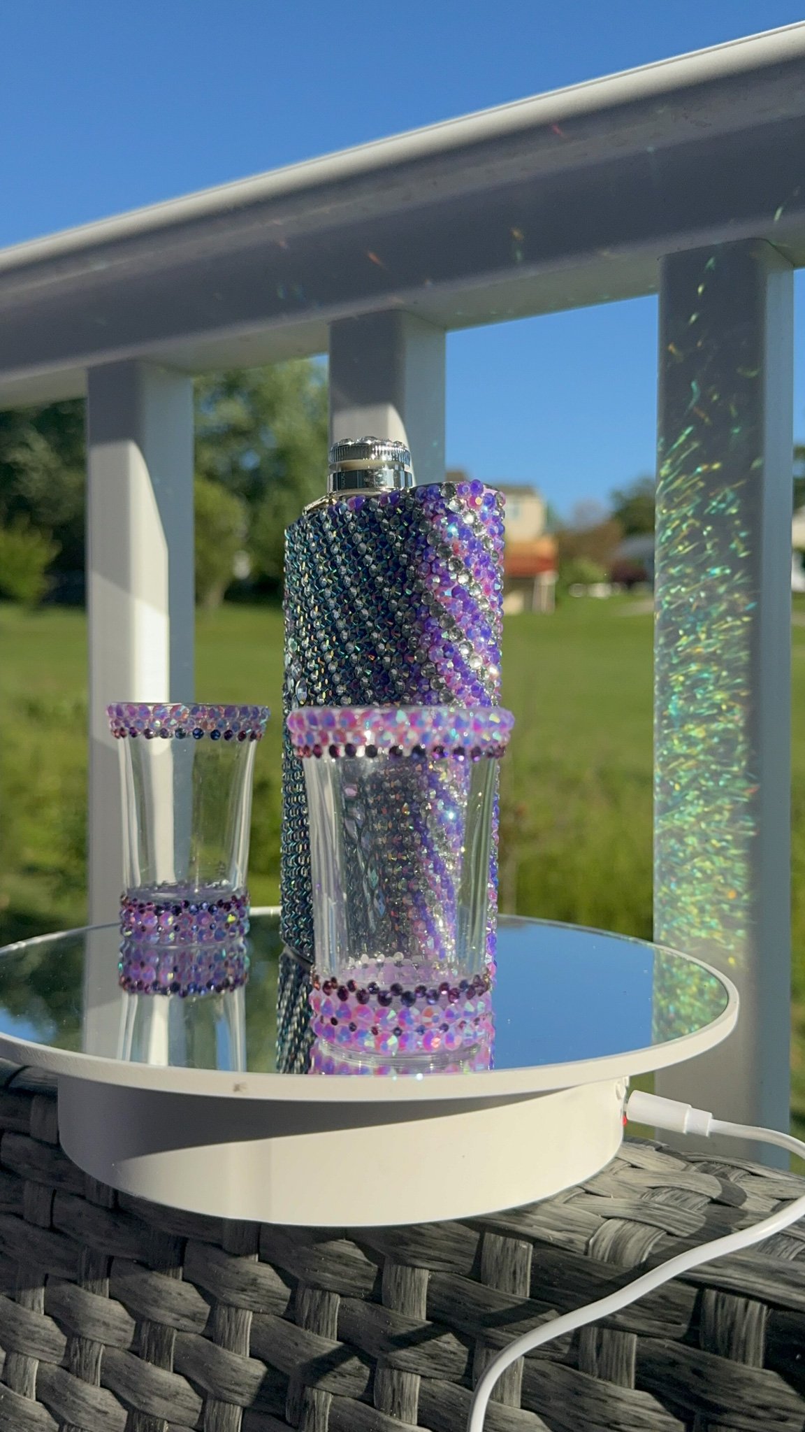 Flask color themed Bling.Rhinestone w/ Shot Glass