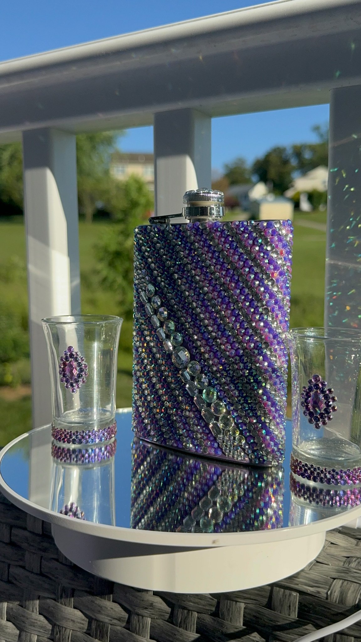 Flask color themed Bling.Rhinestone w/ Shot Glass