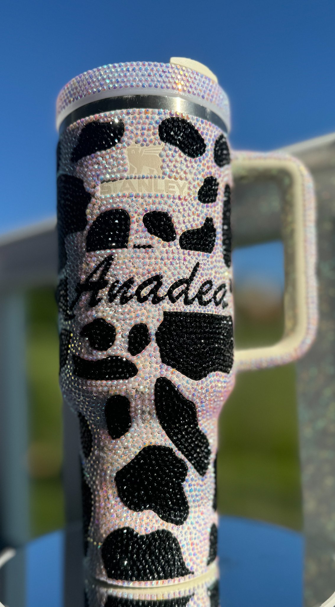 Full Sparkle Stanley tumbler - Themed Cow print- Name /With lid & straw accessory