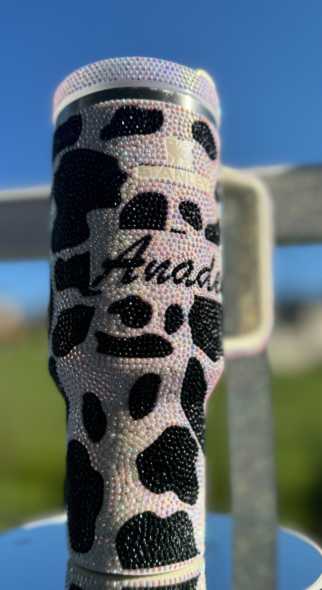Full Sparkle Stanley tumbler - Themed Cow print- Name /With lid & straw accesory
