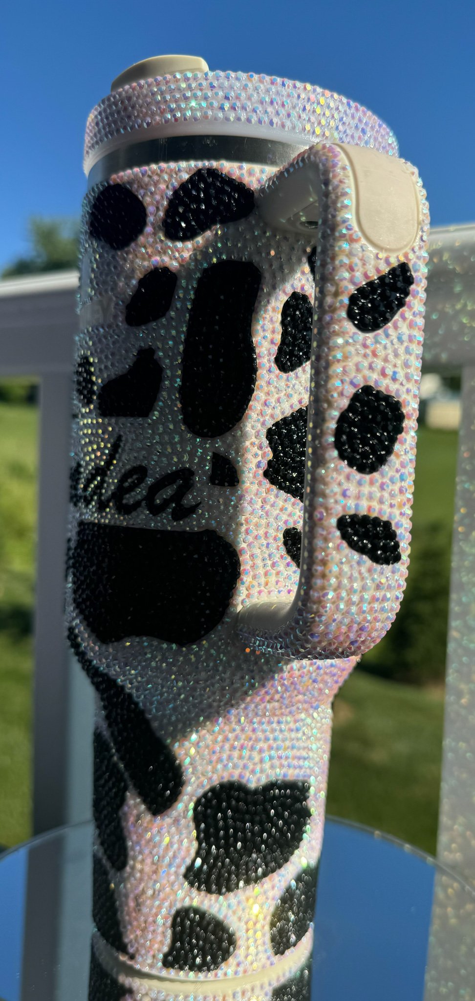 Full Sparkle Stanley tumbler - Themed Cow print- Name /With lid & straw accesory