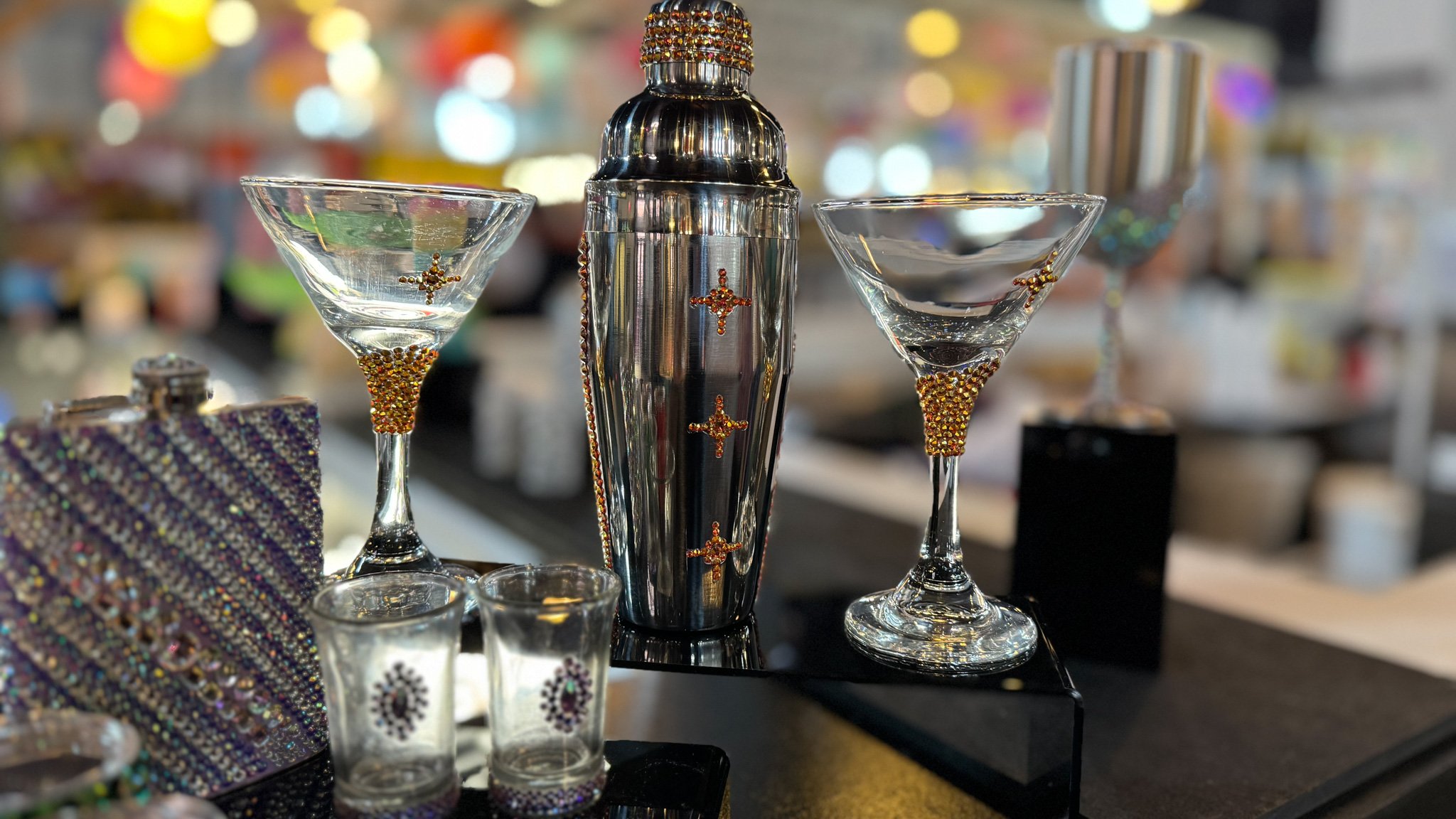 Martini Shaker with rhinestone serving glasses