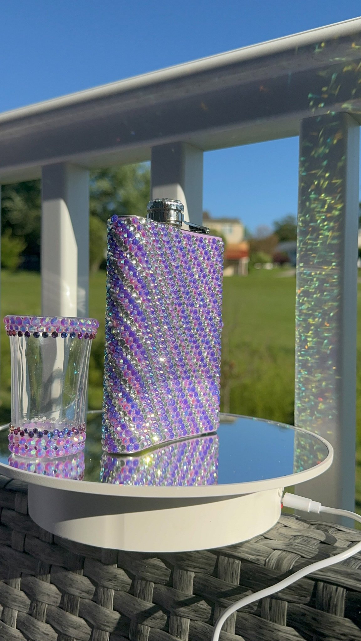 Flask color themed Bling.Rhinestone w/ Shot Glass