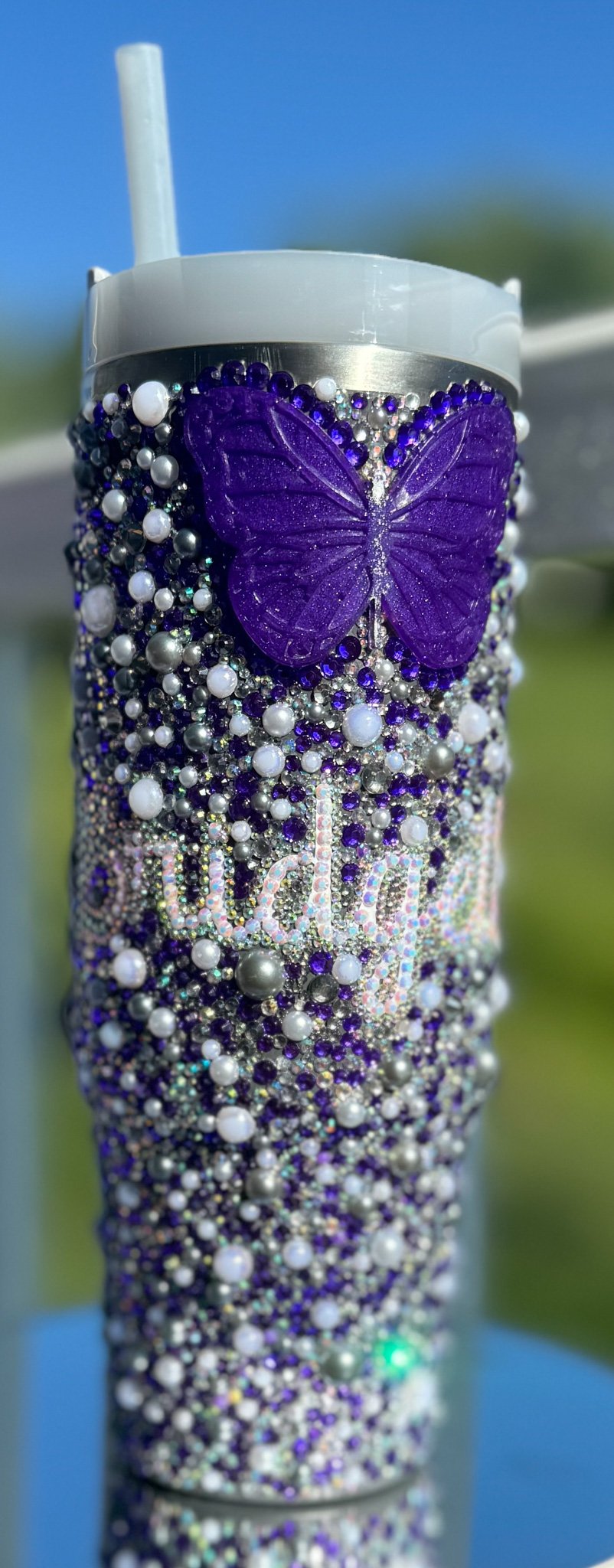 Custom Scatter stone, Rhinestone, bling Name tumbler+ Butterfly epoxy tumbler( stanley)