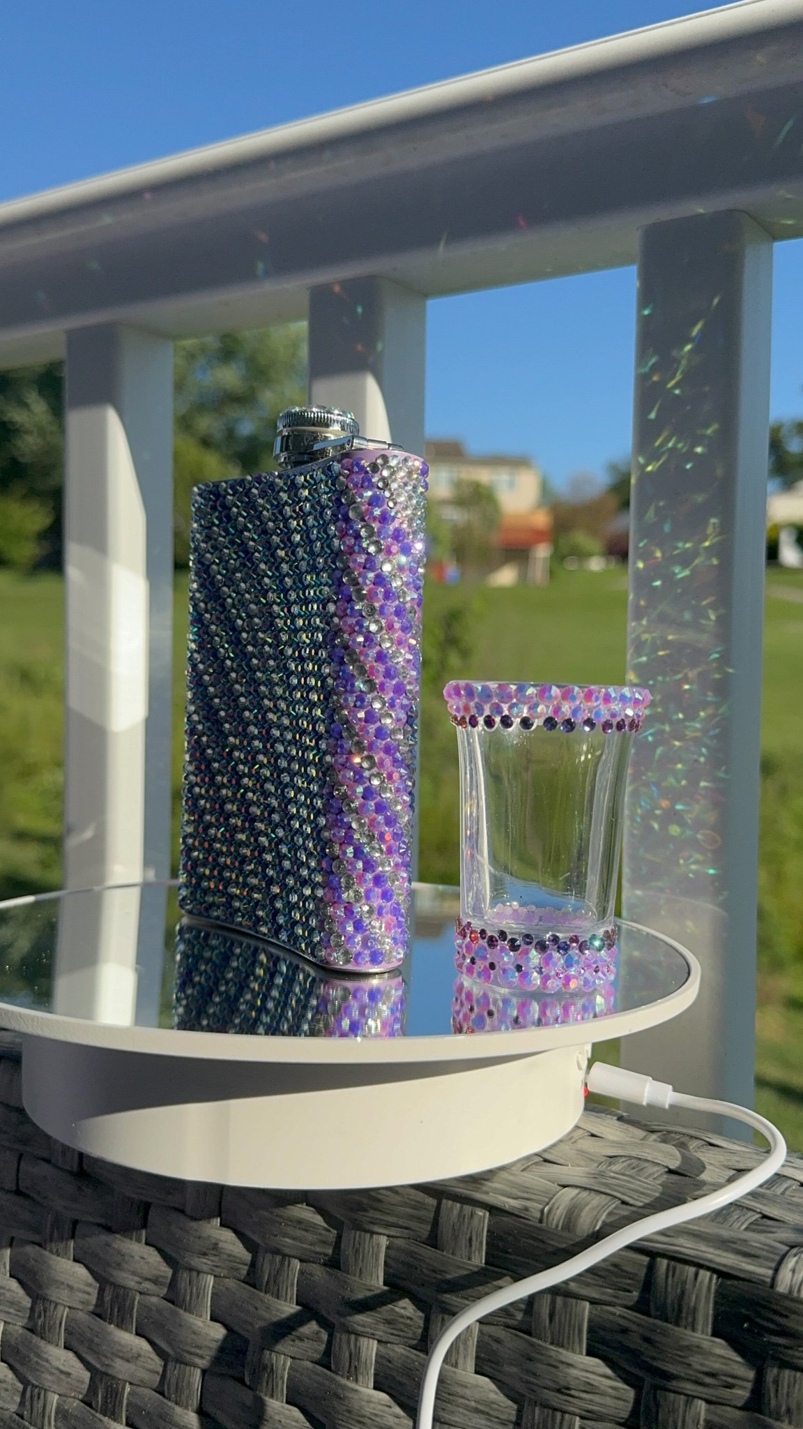 Flask color themed Bling.Rhinestone w/ Shot Glass