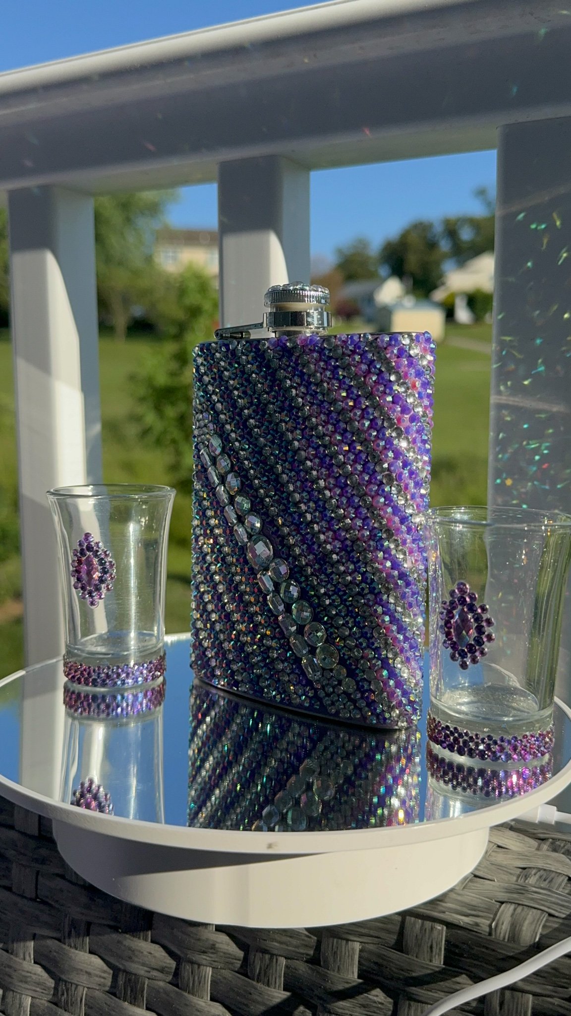 Flask color themed Bling.Rhinestone w/ Shot Glass